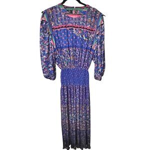 VINTAGE DIANE FREIS Purple Floral Georgette Smocked Maxi Dress Flowy Boho Sm Med